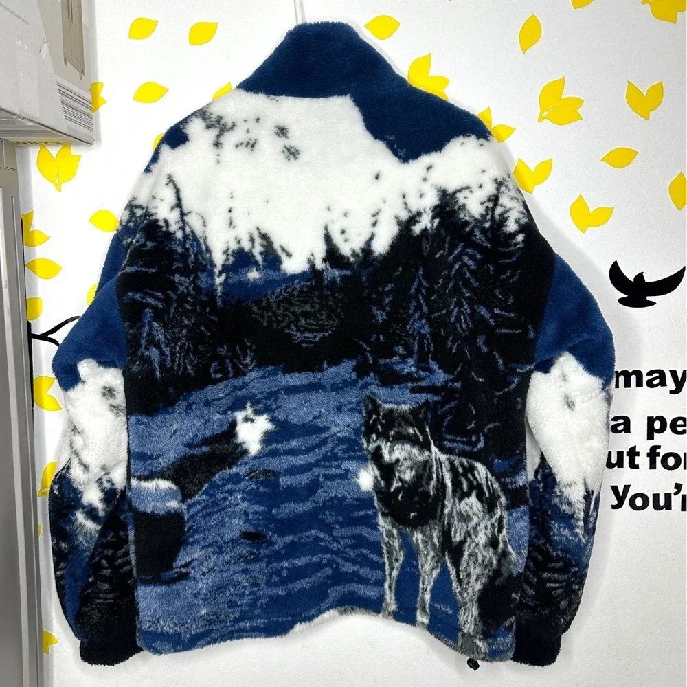 Zara Wolf Landscape Design Borg Teddy Mock Neck Full Zip Fleece‎ Jacket Size M